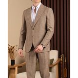 Slim Fit Erkek Sivri Yaka Torba Cep Çizgili Keten Ceket Pantolon Takım Elbise Kahverengi T20101-03 - 6 Drop - 56