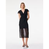 Slim Fit Fiyonk Detaylı Midi Boy V Yaka Karpuz Kol Tül Elbise