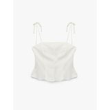 Slim Fit Hafif Peplum Kesim Pileli İp Askılı Crop Keten Bluz