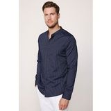 Slim Fit Hakim Yaka Pamuklu Kolay Ütü Çizgili Lacivert Erkek Gömlek