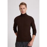 Slim Fit Kahverengi Fitilli Pamuk Karışımlı Boğazlı Triko Kazak 5HF06ORT63100