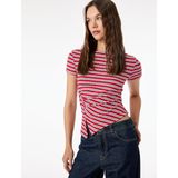 Slim Fit Kısa Kollu Bisiklet Yaka Asimetrik Çizgili Drapeli Bluz