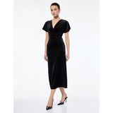Slim Fit Kısa Yarasa Kollu Kruvaze V Yaka Midi Boy Kadife Elbise