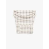 Slim Fit Kolsuz Drapeli Ekoseli Asimetrik Yaka Bluz