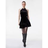 Slim Fit Kolsuz Fırfırlı Halter Yaka Kadife Mini Elbise