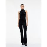 Slim Fit Kolsuz İnci Detaylı Dik Halter Yaka Kadife Bluz
