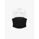 Slim Fit Pamuklu Gömlek Yaka Renk Bloklu Kolsuz Poplin Bluz