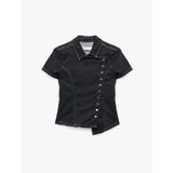 Slim Fit Pamuklu Klasik Yaka Kısa Kollu Asimetrik Kesim Düğmeli Denim Bluz