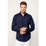 Slim Fit Pamuklu Kolay Ütü Çizgili Lacivert Erkek Gömlek