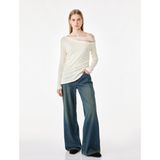 Slim Fit Pamuklu Uzun Kollu Ribanalı Dantelli Asimetrik Yaka Bluz