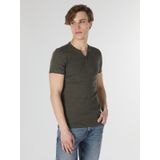 Slim Fit Placket Neck Örme Erkek Haki Kısa Kol Tişört
