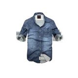 Slim Fit Saf Pamuk Denim Kumaş Kot Gömlek--laci çizki eskitme-