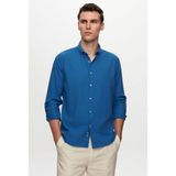 Slim Fit Saks Mavi Düğmeli Yaka %100 Pamuk Yazlık Flamlı Keten Görünümlü Gömlek 6HC02ORT63265 - XL - Mavi Çizgili