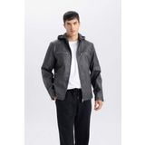 Slim Fit Suni Deri Mont Dar Kesim Kapüşonlu Fermuarlı