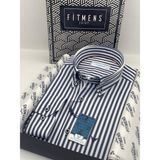 Slim Fit Uzun Kol Likralı Çizgili Yaka Düğmeli Hediye Kutulu Erkek Gömlek (CODE:I.KİNG KALIN) - Lacivert - XL
