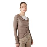 Slim Fit Uzun Kollu Asimetrik Kesim Dantel Detaylı Fırfırlı Dökümlü Kayık Yaka Fitilli Bluz