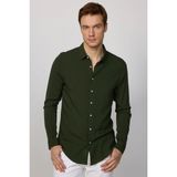 Slim Fit Uzun Kollu Dar Kesim Dökümlü Viskon Şık Haki Erkek Gömlek