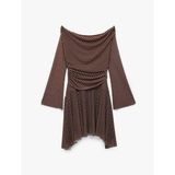 Slim Fit Uzun Kollu Drapeli Madonna Yaka Asimetrik Puantiyeli Mini Tül Elbise