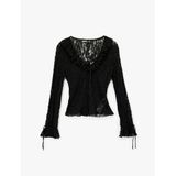 Slim Fit Uzun Kollu Fırfır Detaylı Fiyonklu V Yaka Dantelli Bluz