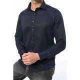 Slim Fit Uzun Kollu Kolay Ütü Teri Emen Nefes Alan Doku Kravatlık Dört Mevsim Lacivert Erkek Gömlek