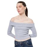 Slim Fit Uzun Kollu Saç Örgü Dokulu Omzu Açık Bluz