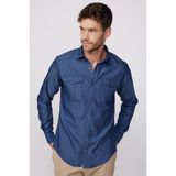 Slim Fit Uzun Kollu Spor Yaka Yıkamalı Çift Cepli Armürlü Denim Kot İndigo Erkek Gömlek