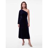 Slim Fit Uzun Kollu Taşlı Tek Omuz Midi Kadife Elbise