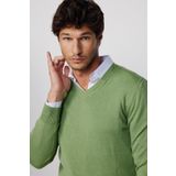 Slim Fit V Yaka Pamuklu Yeşil Erkek Kazak