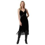 Slim Fit V Yaka Uzun Askılı Dantelli Kadife Elbise