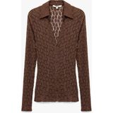 Slim Fit Yarı Transparan Uzun Kollu Kaçık Yaka Dantel Gömlek - Kahve