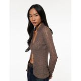 Slim Fit Yarı Transparan Uzun Kollu Kaçık Yaka Dantel Gömlek