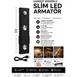 Slim LED Kabin Armatürü Hareket Sensörlü Dekoratif Gece Lambası USB Şarjlı Aydınlatma - 20 Cm - Siyah