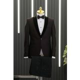 Slimfit Armürlü Kırlangıç Kadife Yaka Yelekli Papyonlu Smokin Takım Elbise BORDO 54-6 Drop