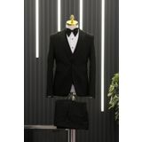 Slimfit (Skinny Kesim) Desenli Sivri Sabit Yaka Yelekli Papyonlu Smokin Takım Elbise SİYAH 44-6 Drop