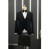 Slimfit (Skinny Kesim) Şal Desenli Sivri Sabit Yaka Yelekli Papyonlu Smokin Takım Elbise LACİVERT 48-6 Drop