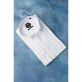 Slimfit Yaka Düğmeli %100 Pamuk Premium Serisi Çizgili Gömlek - Turkuaz - 2XL