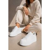 Slipcat Kadın 5 cm Topuklu, Kalın Platform Tabanlı, Şık, Bağcıklı Sneaker - Beyaz