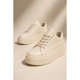 Slipcat Kadın 5 cm Topuklu, Kalın Platform Tabanlı, Şık, Bağcıklı Sneaker - Krem