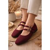 Slipcat Kadın Süet Babet Düz Tabanlı Üstten Kemerli Çift Tokalı Şık Tasarım Bordo