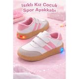 Slipcat Unisex Günlük Işıklı Çocuk Cırtlı Yürüyüş Koşu Sneaker Spor Ayakkabı - Beyaz - Pudra