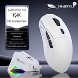 SmailWolf M3 Pro Plus Kablosuz Oyuncu Mouse, PAW3311 Sensör, 12000 DPI, 65g Ultra Hafif, RGB, 3 Modlu, 1000Hz, Manyetik Şarj Standı