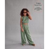 Small Touch Kız Çocuk Içi Astarlı Crop ve Bol Paça Pantolon Ikili Keten Takım - 3 - 4 Yaş - Haki
