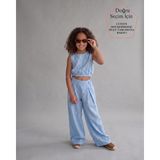 Small Touch Kız Çocuk Içi Astarlı Crop ve Bol Paça Pantolon Ikili Keten Takım - 3 - 4 Yaş - Mavi