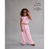Small Touch Kız Çocuk Içi Astarlı Crop ve Bol Paça Pantolon Ikili Keten Takım - 9 - 10 Yaş - Pembe