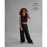 Small Touch Kız Çocuk Içi Astarlı Crop ve Bol Paça Pantolon Ikili Keten Takım - 9 - 10 Yaş - Siyah
