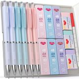 Smallbudi 6 adet pastel mekanik kurşun kalem seti kılıf ile 0.5mm kalemler 6 tüplü HB kurşun yedekler, 3 silgi, 9 kap silgi yedekler sevimli ve estetik malzemeleri öğrenci yazma, çizim, eskiz