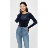 SmallTouch Kadın Parmak Geçmeli Uzun Kollu Kadife Kumaş Lacivert Bluz