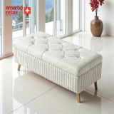 Smarto Relax Swiss Style puf , Appenzell Kapitone Sandıklı Puf, Babyface Kaplama, 100x40x45 cm, Ahşap Ayaklı ,Sandıklı Dekoratif Puf(Ekru)