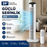 Smayling 39 Inç Kule Tipi Vantilatör, Uzaktan Kumandalı, 45W Güçlü Motor, 3 Hız Kademesi, 3 Modlu, LED Dokunmatik Ekran, Salınımlı, Sessiz Çalışma, 7.5 Saat Zamanlayıcı, Beyaz