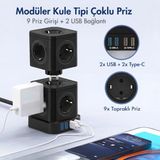 Smayling Kule Tipi Çoklu Priz 3680W | 9’lu Topraklı Priz + 2 USB + 2 Type-C | Masaüstü Dikey Akım Korumalı Priz - Siyah